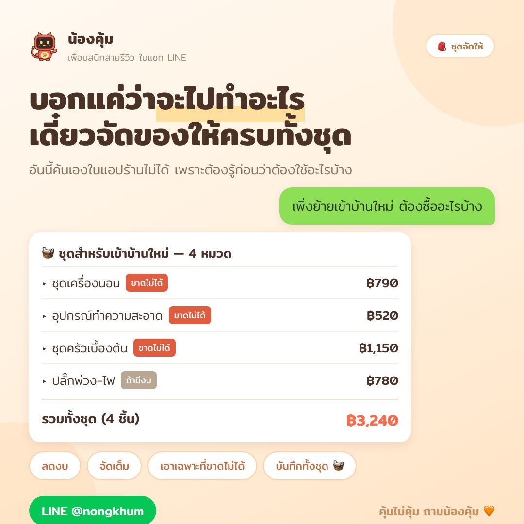 จัดชุดของที่ต้องซื้อ เช่น ของเข้าบ้านใหม่ ของเข้าหอ ของไปเที่ยว จาก Shopee และ Lazada พร้อมยอดรวม